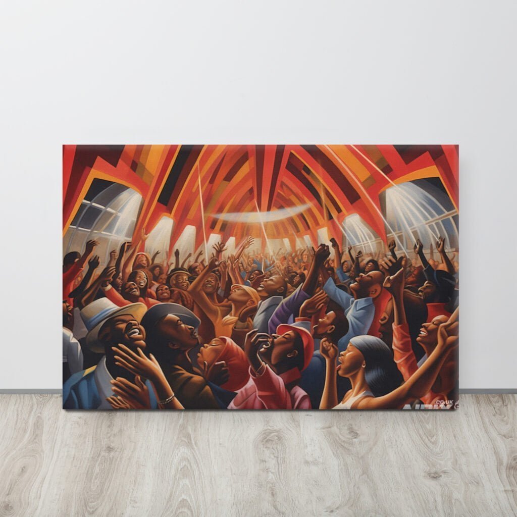 Tongues of Fire: Energetic Crowd Art Vibrant Celebration. Canvas on floor.