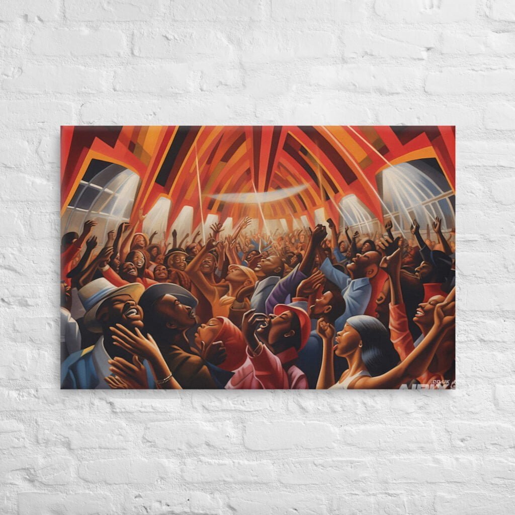 Tongues of Fire: Energetic Crowd Art Vibrant Celebration. Canvas wall.