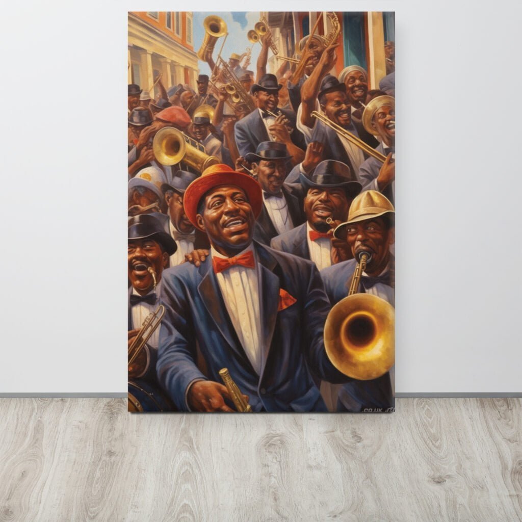 Uplifting Brass Band Art: Rhythmic Melodies - A New Orleans Celebration. Canvas floor.